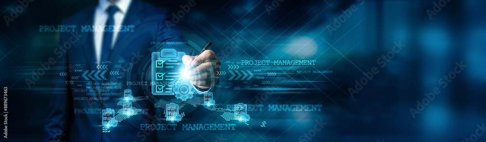 Poster businessman draw diagrams charts of project progress and analyzing financial and performance data. g