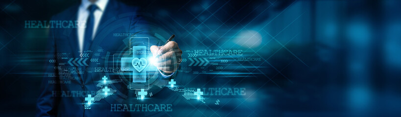 Businessman draw benefits of healthcare and its impact on a global network that spans communities,...