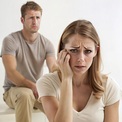 Woman sitting on floor crying with man standing behind her angrily
