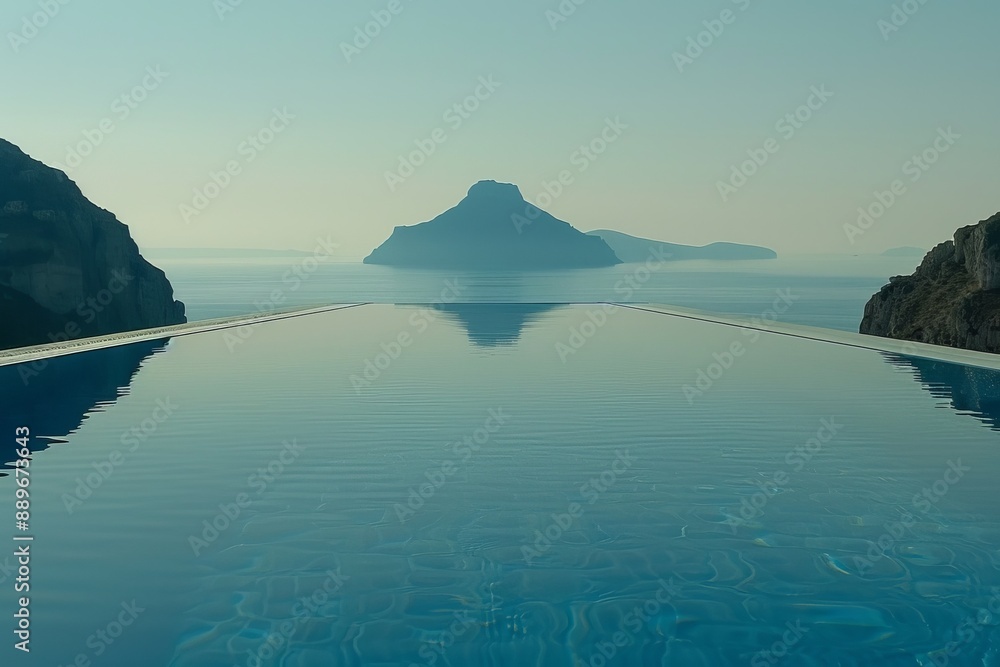 Poster infinity pool with a view of the mountains and calm waters creating a sense of serenity and tranquil
