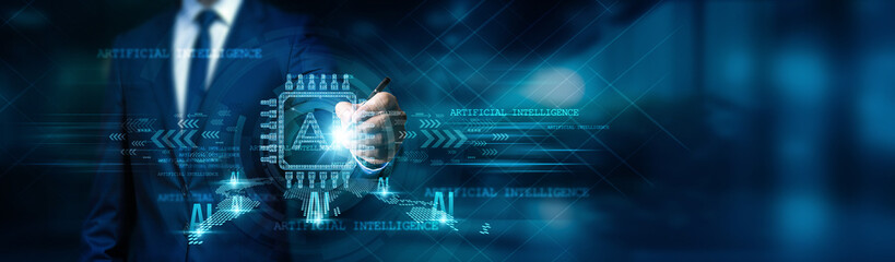 Businessman draws artificial intelligence (AI) patterns of data and analyzing business and...