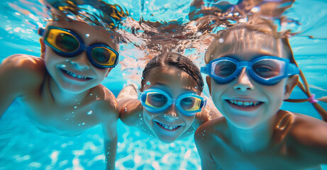 Three children swimming underwater with goggles in a pool on a sunny day. Generative AI.