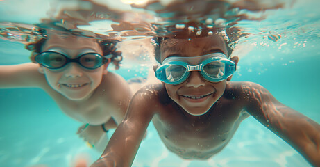 Naklejka premium Three children swimming underwater with goggles in a pool on a sunny day. Generative AI.