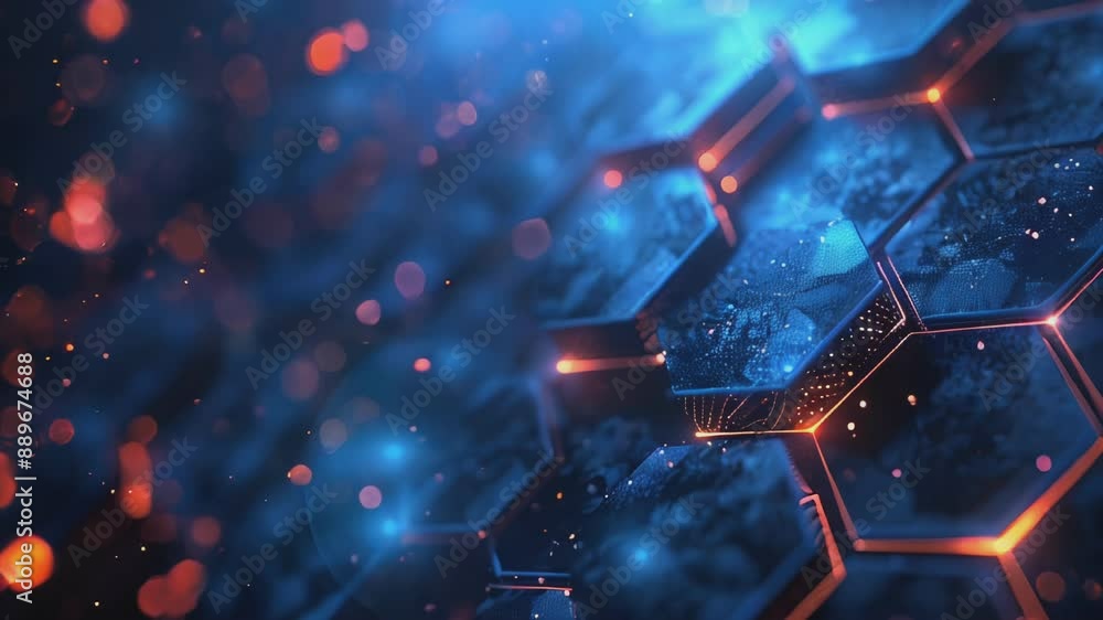 Poster close up of an abstract glowing background pattern made up of blue hexagon shapes with orange accent