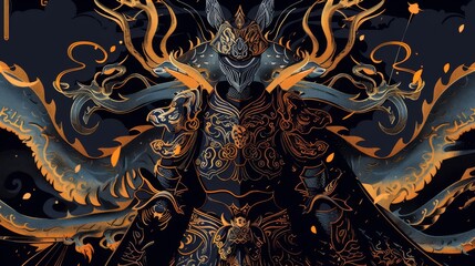 Prince in ceremonial armor, House of the Dragon, flat , gothic style, metallic hues, intricate engravings