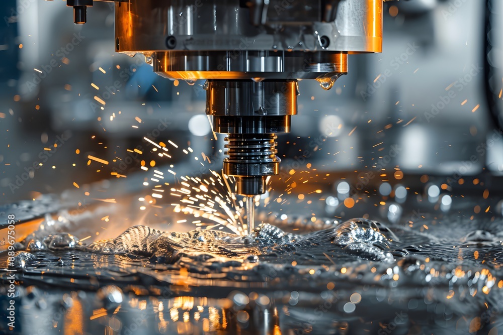 Poster precision cnc milling machine in action with sparks flying