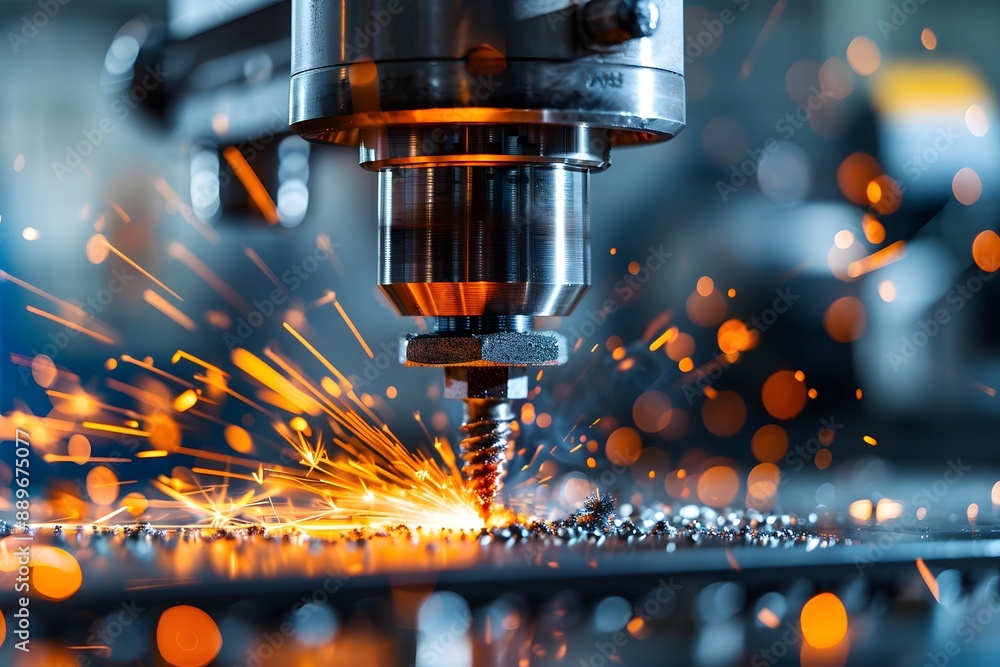 Poster precision metalworking with sparks flying from a cnc machine