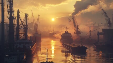 Obraz premium Industrial port at dawn, misty atmosphere, cargo ships docked, workers starting shift