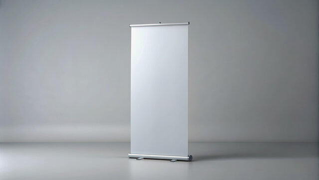 Empty roll-up banner with a pristine white surface, creased and curled at the edges, awaiting custom design or branding, isolated on a minimalist background.