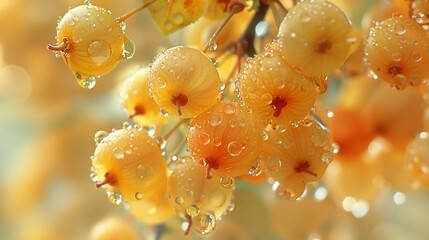 Dewy Yellow Fruit on a Branch in Sunlight