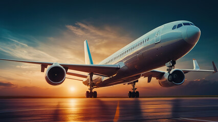 Airplane landing at sunset