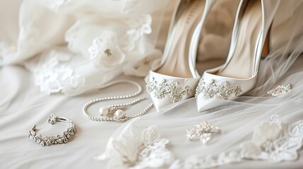 Elegant bridal accessories such as veils, shoes, and jewelry on a stunning white background. 32k, full ultra HD, high resolution