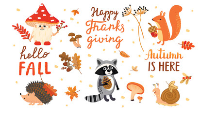 Autumn collection with handwritten and woodland characters.Cartoon hedgehog, snail, squirrel, raccoon and fly agaric mushroom.White background with foliage.Vector design for use in card,textile.