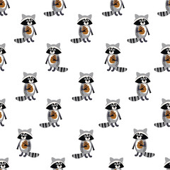 Funny seamless pattern with cartoon raccoon on white background.Cute and wild animal character holding a pine cone in his paw.Print on fabric and paper.Vector design for baby clothes,textile,nursery. 