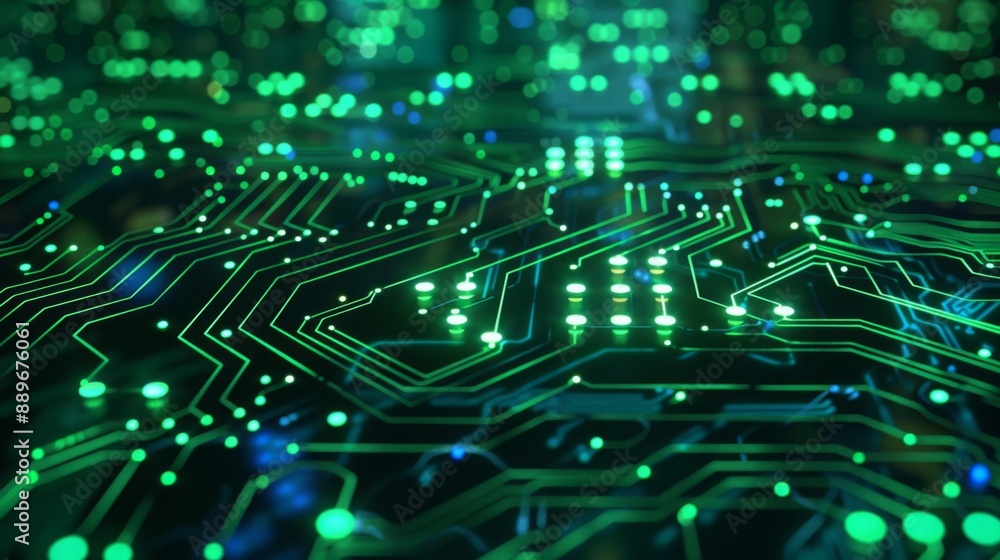 Poster A close-up of a green circuit board with illuminated lines, showing the intricate design and connections.