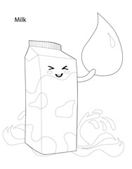 Packaging of milk with a drop. Kawaii style character. Coloring book for children.
