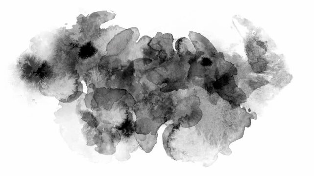 black watercolor effect, ink drop effect, alpha layer filter on a white background, dripping slow motion spot ink fluid drops, digital black color explosion transition