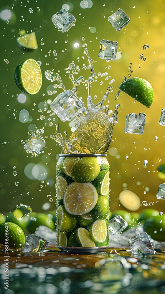 Poster refreshing lime soda explosion with ice cubes and splashing water