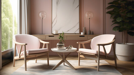 Retreat to a Nordic-inspired retreat with two chrs in soothing hues, a central table, and an empty canvas agnst a backdrop of pure pink, white, or yellow.