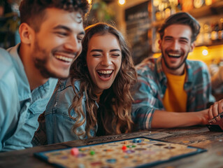 Fototapeta premium Friends Laughing While Playing Board Game In Bar