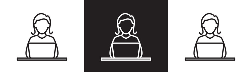Woman admin icon at laptop, customer service, support service and telemarketing, line icon of administrator, employee, office work vector illustration on black and white and transparent background.
