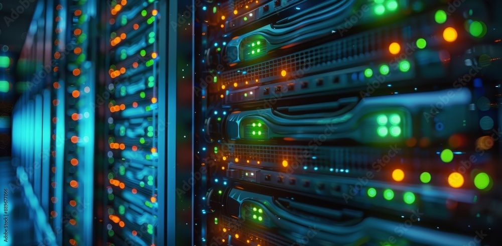 Poster close up of illuminated server racks in data center