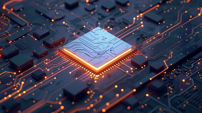 Hightech AI computer chip with a futuristic circuit board design 3D illustration
