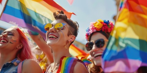 Group of friends enjoying outdoor activity with colorful flags and trendy accessories