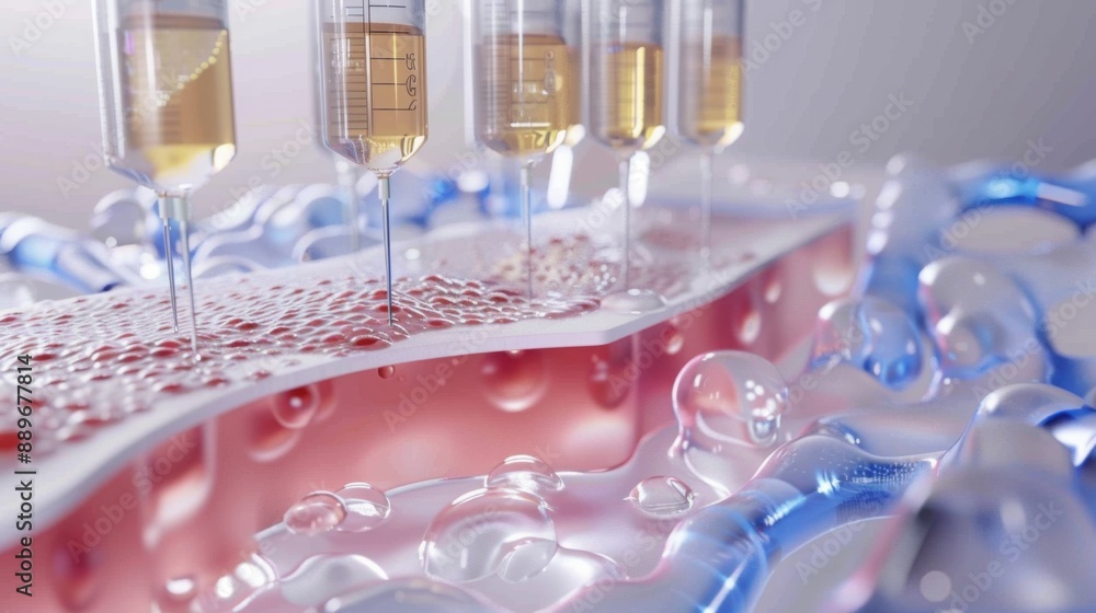 Aufkleber syringes filled with a clear liquid inject into a cell membrane. the membrane is composed of pink an