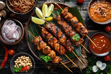 Delicious Grilled Chicken Skewers with Assorted Sides and Sauces