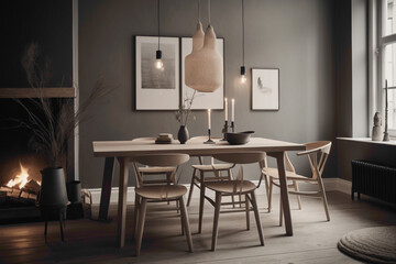 Retreat to a cozy Scandinavian haven with chrs of different colors positioned around a table.