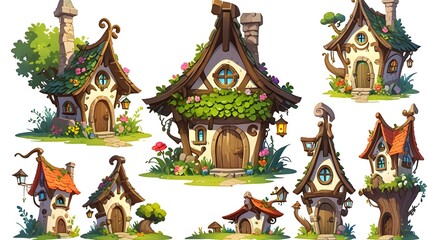 Fototapeta premium A charming collection of whimsical fairytale cabins and magical woodland elements, perfect for themed and game designs. Generative AI.