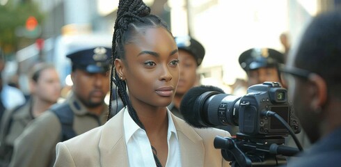 Fototapeta premium Woman With Braids Speaks To Cameraman On City Street