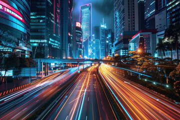 Fototapeta premium Light trails illuminating an empty highway at night with illuminated skyscrapers in the background