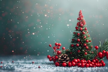 Obraz premium Festive Miniature Christmas Tree with Red Berries and Pine Cones in Snowy Setting