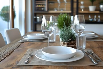Fototapeta premium Elegant Table Setting with White Dinnerware and Greenery Centerpiece