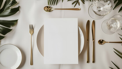 Table place setting blank menu card mockup or reserve in wedding invite and special event