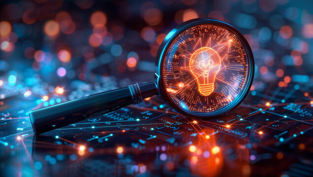 Magnifying glass focusing on a target and creativity. A creative light bulb objective generation of ideas and innovative solutions to achieve strategic goals.