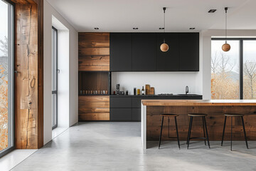 Obraz premium Home kitchen interior with bar counter, cabinet and window. Mock up wall