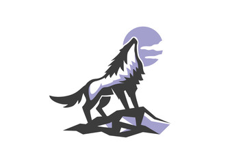 Wolf howling logo standing predator at stone hill vector logo icon design illustartion