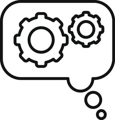 Thought process is symbolized by two gears working inside a speech bubble