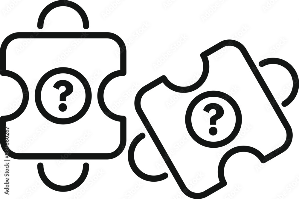 Poster two puzzle pieces with question marks symbolizing the search for answers and solutions