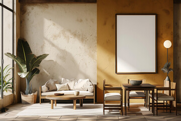 Modern home living room interior with eating table and armchair, mockup frame
