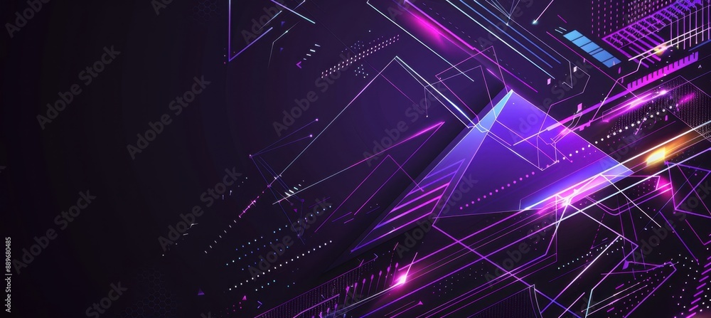 Poster dark background with glowing purple lines and triangles on the right side of the screen a dark blue 