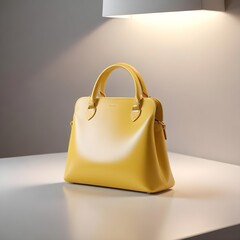 Yellow purse handbag on top of a table white mockup with copy space for advertising