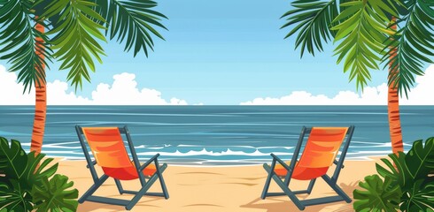 Two Beach Chairs Under Palm Trees on a Sunny Day