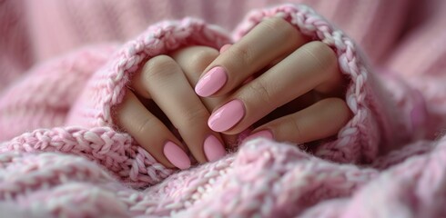 Closeup of Pink Manicured Fingernails Resting on a Soft Pink Knitted Sweater
