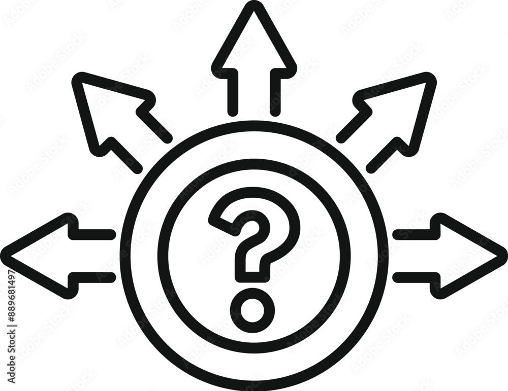 Poster concept of confusion with a question mark at the center of multiple arrows pointing in different dir