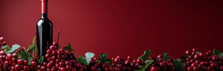 Red Wine Bottle and Grapes on Red Background