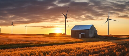 Sunset Over a Farm with Wind Turbines